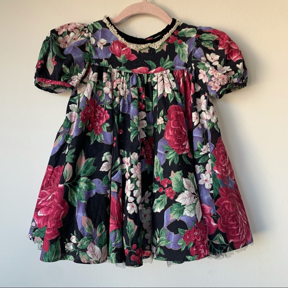 Bonnie Jean Vintage Kids Dress Floral Tulle Short Sleeve Lace Size 4